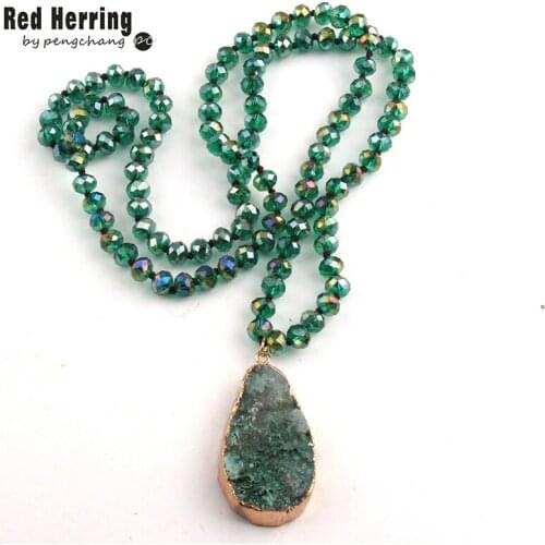 Fashion Bohemian Tribal Jewelry Green Long Crystal Glass Knotted Ox Horn Pendant Skull Necklaces For Women Ethnic Necklace