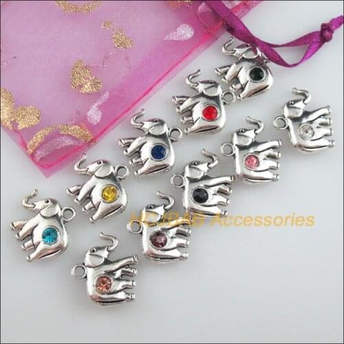 10 New Elephants Charms Tibetan Silver Tone Retro Mixed Crystal Pendants 18x20.5mm