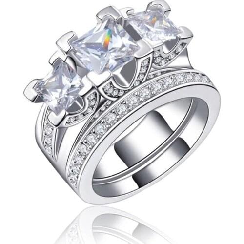 2pcs YaYI Jewelry Top Quality Princess Cut AAA+ White Cubic Zirconia Silver Color Engagement Wedding Couples Rings Set Gift