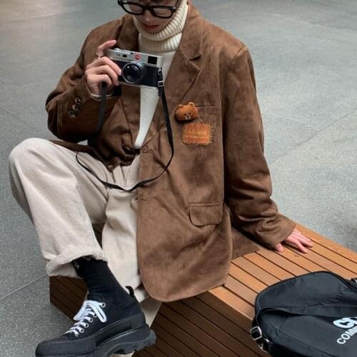 2021 Winter Mens Suede Fabric Suit Formal Jacket Bear Decorate Outerwear Casual Blazers Single Western Clothes Loose Coats