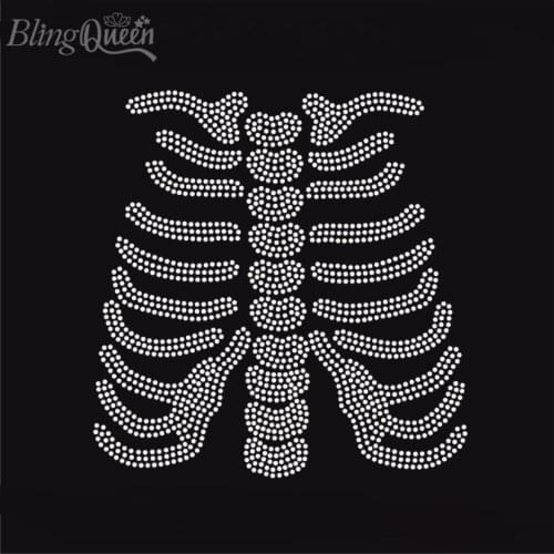 BlingQueen 25PCS/LOT RibCage Skeleton Rhinestone Transfer Custom Iron On Strass Crystal Motif Clothes Patches Thermal Stickers