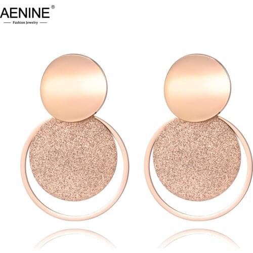 AENINE Bohemia Stainless Steel Jewelry Rose Gold Color Frosted Sheet Circle Curved Disc Stud Earrings For Women Brincos AE18446