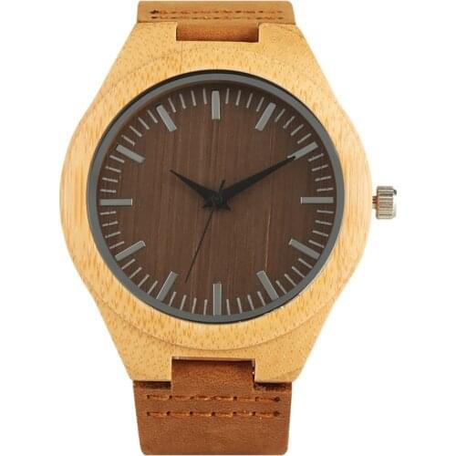 Minimalist Wood Watch Mens Nature Bamboo Round Case Mens Quartz Watches Analog Display Genuine Leather Strap Clock Reloj Gift