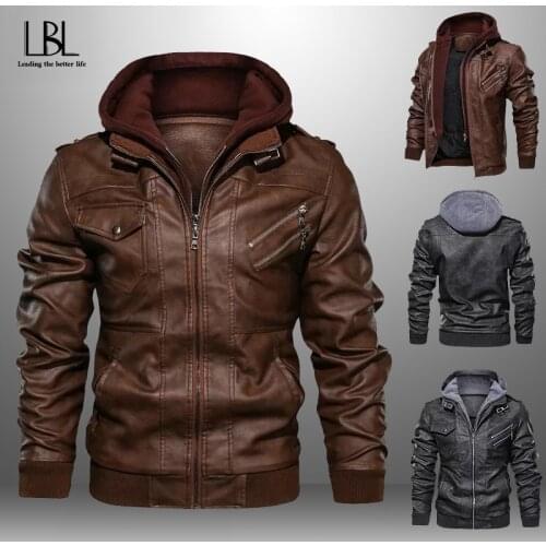New Fashion Mens Outwear Bomber Vintage Autumn Winter Solid PU Leather Casual Jacket Slim Motorcycle Biker Coats Removable Hood