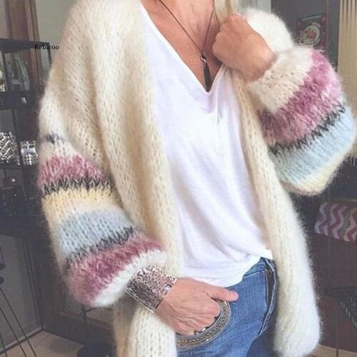 Mohair Cardigan Womens Sweaters Candy Color Sweater Knit Cardigan Coat Striped Long Lantern Sleeve Mohair Sweater Autumn