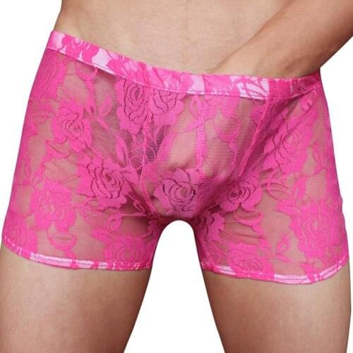Men Hollow Lace Mesh See Through Boxers Shorts Sexy Breathable Underwear Panties Sexy Men Lingerie