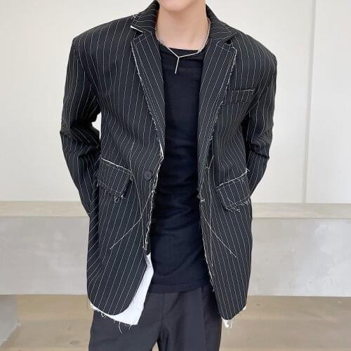 Autumn Dark Trend Woolen Stripe Raw Edge Cutting Design Blazers Men Korean Fashion Vintage Suit Jacket Blazer Male Suit Coat
