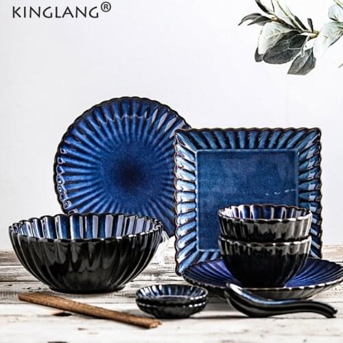 KINGLANG 2/4 Person Dinner Set Ceramic Klin Glaze Flower Shape Rice Bowl Eating Plate Set Tableware