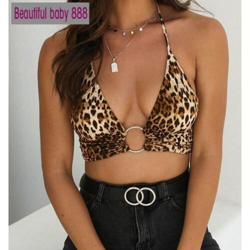 Meqeiss 2020 New sexy leopard print bralette tank crop top metal ring fashion summer halter backless bra for women club clothes