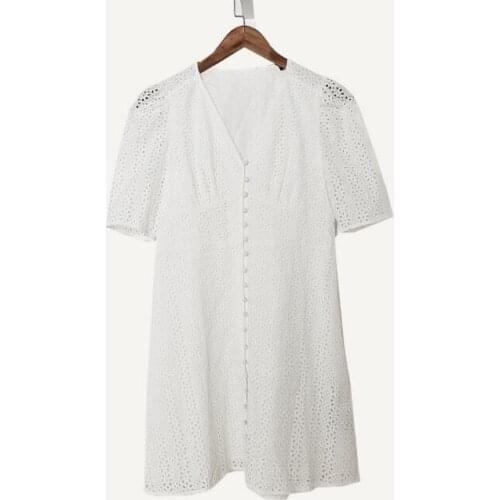 2021 Spring and Summer New Fashion V-neck Short-sleeved Lace Stitching Hollow Pattern Waist Slimming Solid Color Dress