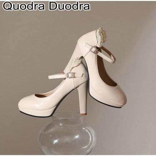 New Womens Pumps women shoes Thin High Heels round toe Cover toe buckle Casual Sweet Party Pink big size 42 34 lace falbala