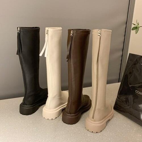Slim Flat Thigh High Boots Platform Women Slim Thick Sole Knee-High Boots Women Shoes Black Winter Long Motorcycle Boots Women