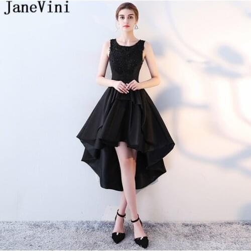 JaneVini High Low Black Bridesmaid Dresses for Weddings 2018 A Line Scoop Neck Lace Appliques Beaded Satin Prom Gowns Plus Size