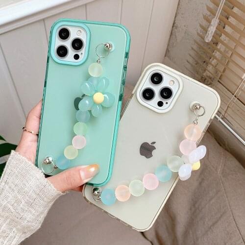 Shockproof Wrist Chain Clear Phone Case for iPhone 11 Pro Max 7 8 Plus XR X Cute Flower Crystal chain Hanging Case for iPhone 12