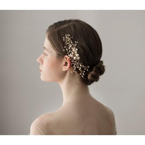 Gold metal pearl hair comb Drill Hand combed Alloy Flower Wedding hair Accessories