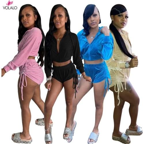 Pink Velvet Sexy Sporty 2 Piece Sets Womens Outfits Casual Tracksuit Long Sleeve Hoodies Crop Tops and Shorts