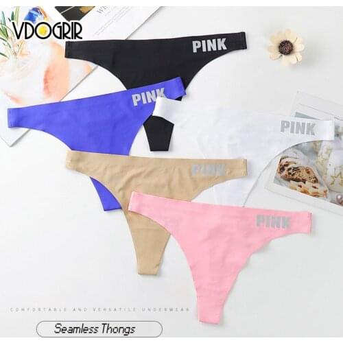 VDOGRIR Sexy Womens Silk Panties Underwear Seamless PINK Letter Thongs Low Waist Female G-String Comfort Lady Lingerie Tangas