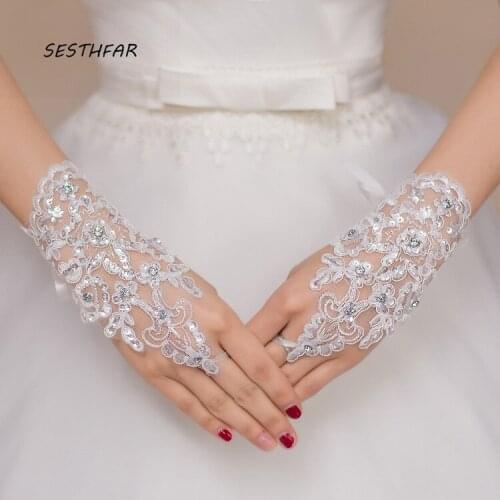 Bridal Gloves White Lace Sequins Beads Short Lace Free Shipping Wedding Gloves Standard Size ST06