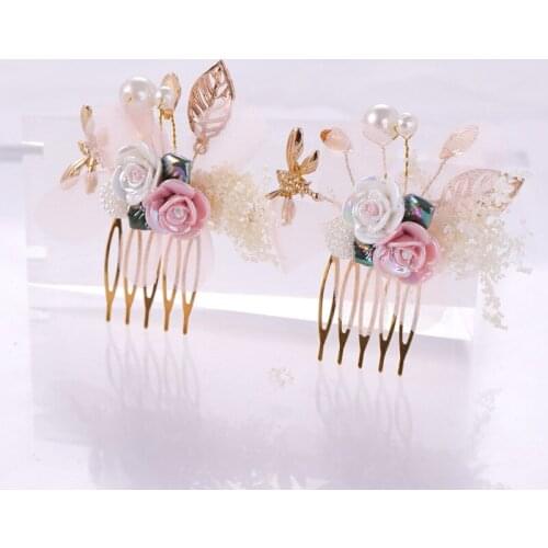 Women Elegant Pink White Pearl Crystal Hair Comb Gold Leaf Tiara Headpiece Wedding Bride Hair Jewelry Accessory Lady Hair Pins