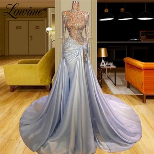 Lowime Dubai Long Sleeves Evening Dresses Middle East Mermaid Party Celebrity Dress 2021 Couture Arabic Illusion Party Prom Gown