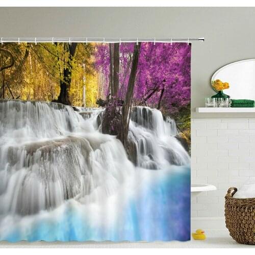 Natural Forest Waterfall Scenery Shower Curtain Bath Waterproof Polyester 3D Bathroom Curtains Decor With Hooks Shower Curtains