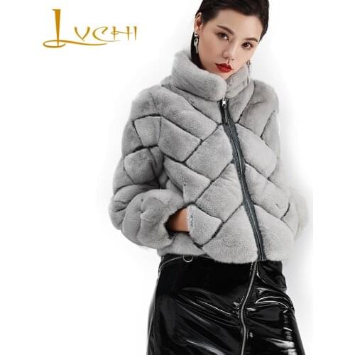 LVCHI Winter Long Sleeve Plaid Mink Coat Real Fur Coat Import Swan Velvet Natural Fur Mandarin Collar Womens Short Mink Coat