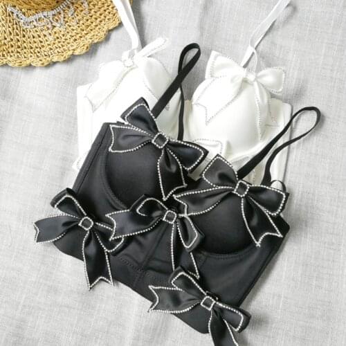 Women Sweet Shiny Rhinestone Bow Bustier Bra Solid Color Spaghetti Strap Push Up Corset Crop Top French Style Sleeveless Camisol