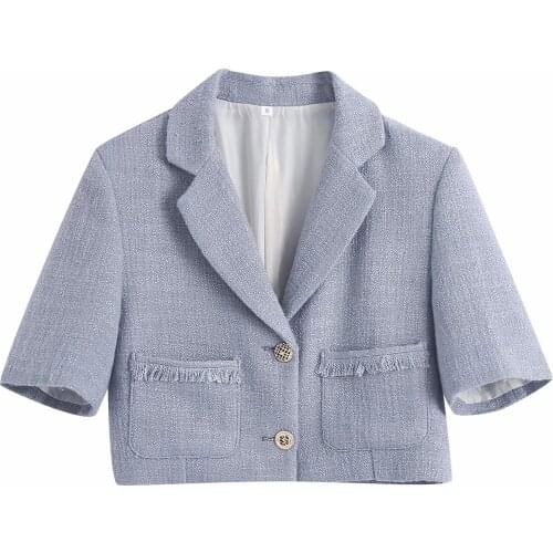 2021 spring women small fragrant wind coat buttons lapel short Suits jacket pocket Textured Cropped Outerwear crop Blazer lady