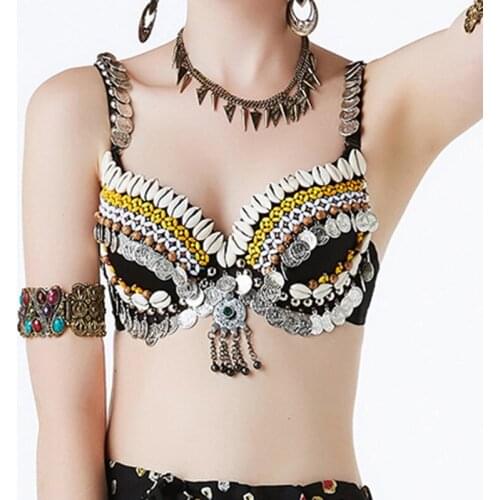 New Arrivals 2019 ATS Tribal Belly Dance Beads Bra Push Up Beaded Bra B/C Cup Vintage Gypsy Dance Bra Tops with Coins