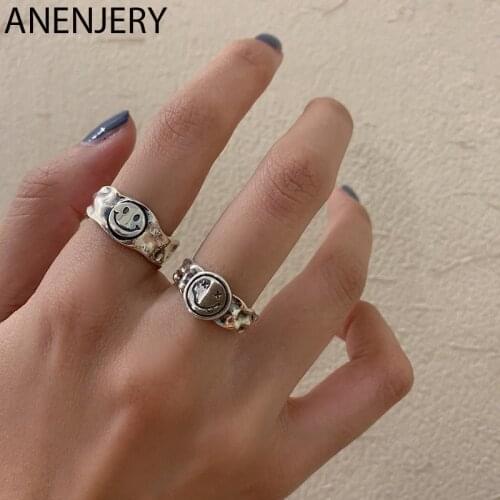 ANENJERY 925 Sterling Silver Funny Smiling Face Thai Silver Ring for Women Men Retro Party Jewelry Open Rings Wholesale S-R916