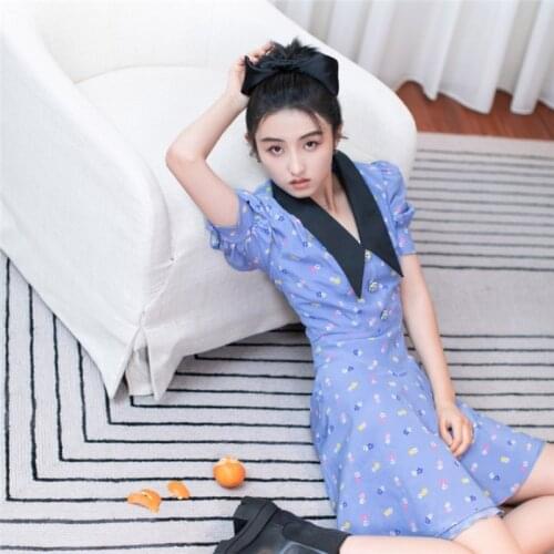 Retro Puff Sleeve Sexy V-Neck Lapel Dress Purple Floral Beach Dress Women Hloiday Sundresses Clothes Runway Brand New