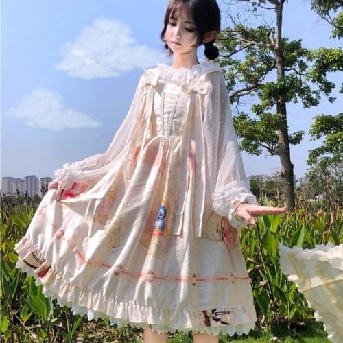 2020 Kawaii Girl Jsk Palace Princess Daily Tea Party Sweet Lolita Dress Vintage Lace Bowknot Printing High Waist Victorian Dress