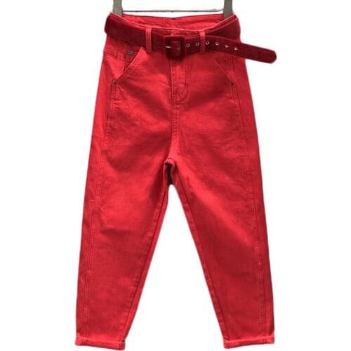 New Spring Autumn Casual Jeans Womens Big Red Loose Thin Harem Pants Female Plus size All Cotton Nine-point Pants Trend 5XL