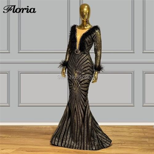 Elegant Black Feathers Evening Dresses 2020 Kaftans Arabic Dubai Long Prom Dress Beading V Neck Party Gowns Vestidos De Festa