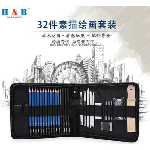 H&B Stationery 32 Pieces Painting Pencil Sketch Kit Art Supplies Drawing Bag Set