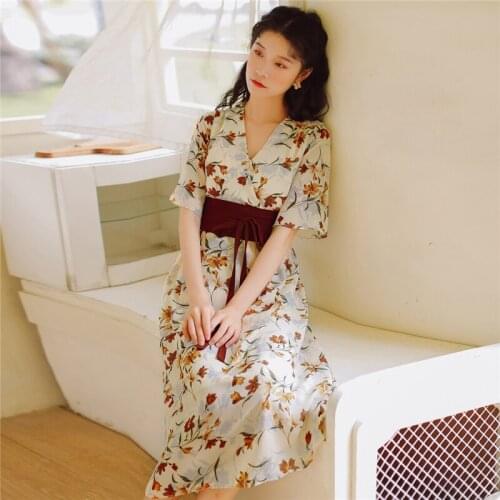 Japanese Style Modern Printing Kimono V-Neck Short Sleeve Long Dress Chinese Fashion Hanfu Elegant Vintage Womens Clothes