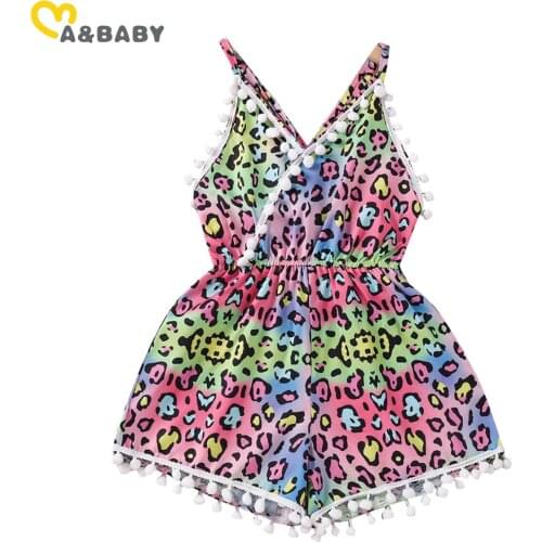 Ma&Baby 1-6Y Summer Child Kid Baby Girl Leopard Jumpsuit Pom Pom V neck Rompers Fashion Children Costumes Clothes