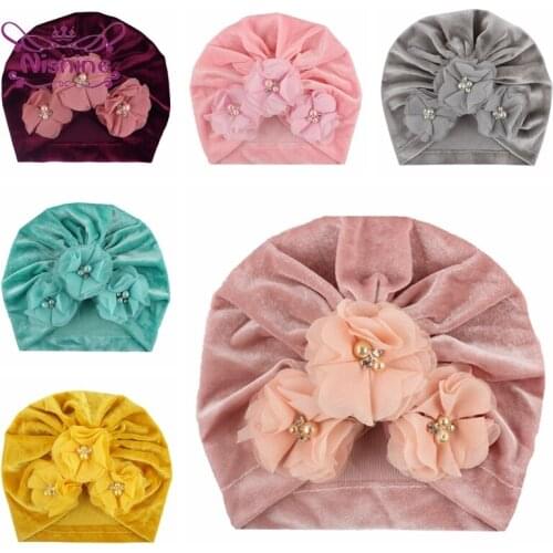 Lovely Hand Sewn Beads Flowers Indian Hat Solid Color Gold Velvet Baby Caps Handmade Floral Headwear Elastic Hair Accessories