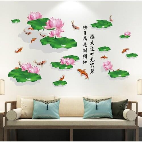 Lotus and Koi Wall Stickers Chinese Style Living Room Backdrop Wall Decoration 3D Stereo Study Self Adhesive Art Wallpaper