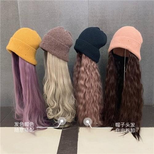 202101-taichao fashion knitting hat patchwork removable Gradients False hair leisure lady Skullies Beanies cap women cool hat
