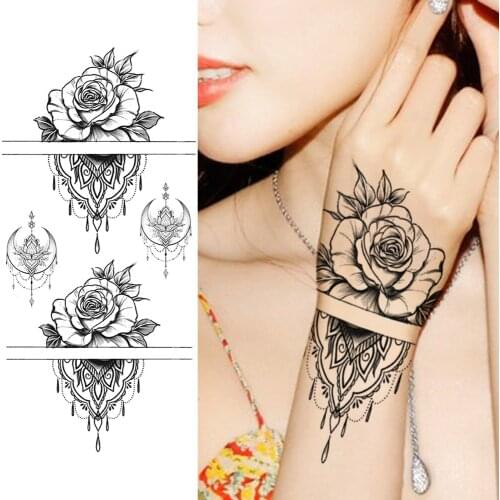 Fake Jewelry Temporary Tattoos Sticker Womens Fashion Body Art Drawing Arm Hands Tatoos Fake Black Rose Flower Waterproof Tatoo