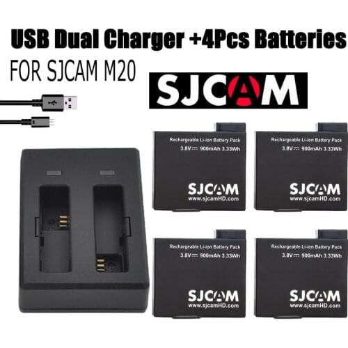 Original SJCAM M20 Battery Accessories Travel Dual Ports Charger + 4x Batteries for sj cam M20 4K Wifi Action Video Cameras