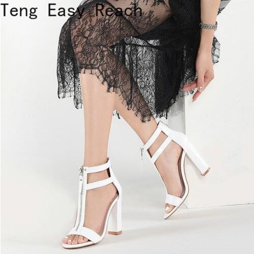 2021 Microfiber Summer Women High Heel Shoes Fashion Square High Heel Open Toe Women Sandals Dress Womens Shoes Black White 41
