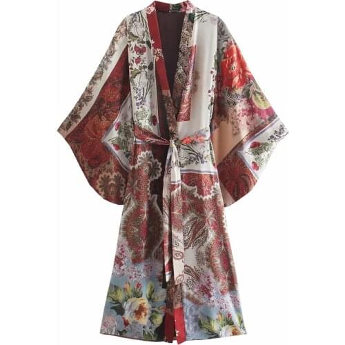 TRAF Za Patchwork Long Woman Kimono Vintage Print Belt Long Sleeve Blouse Women Kimonos Summer 2021 Japanese Beach Kimono Top