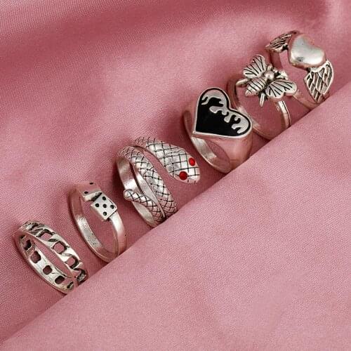 Punk Gothic Silver Color Butterfly Finger Ring Set for Women 6PCS Heart Wing Angel Wings Cupid Charms Rings Jewelry Anillos