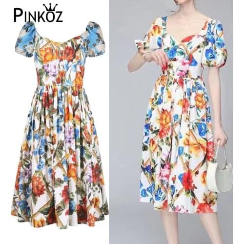Pinkoz Fashion Designer Runway Summer Dress Womens Square Collar Victorian Vintage Casual Floral Printed Dresses plus size 2xl