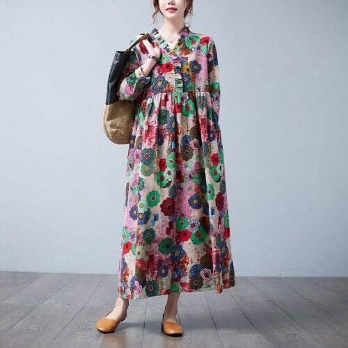 2021 New Arrival Print Floral Vintage Autumn Dress V-neck Ruffle Cotton Linen Office Lady Work Dress Women Casual Spring Dress