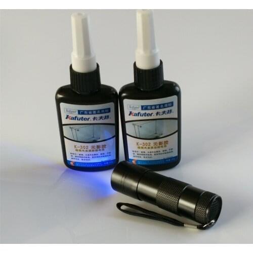 2pcs 50g K-302 kafuter UV glue +portable UV flashlight uv curing adhesive Acrylic transparent plastic glass metal adhesive