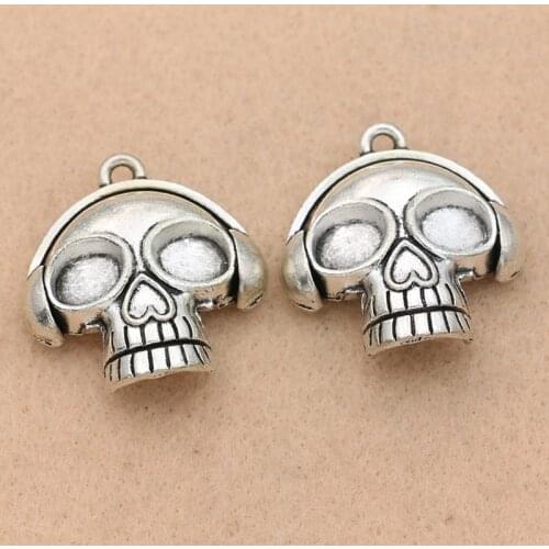 2pcs Antique Silver Plated Music Skull Charm Pendant for Bracelet Necklace Jewelry DIY Making Accessories 27x31mm