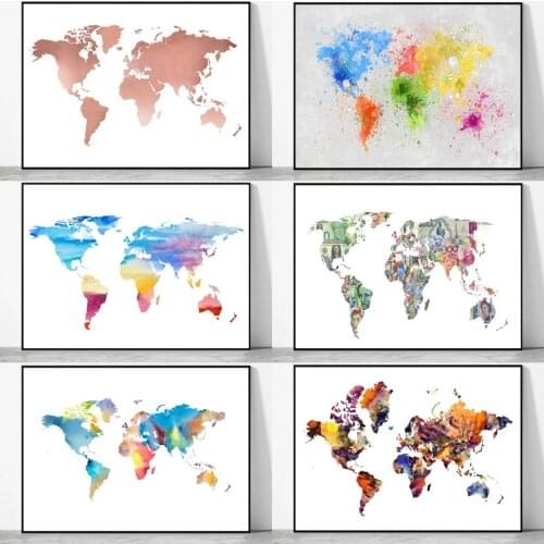 Abstract Colorful World Map Canvas Painting Nordic Art Posters and Prints Wall Pictures Cuadros for Living Room Home Decor